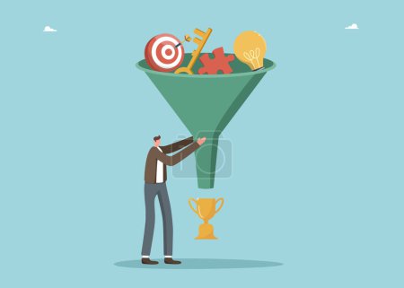 Illustration for Strategy for business development and prosperity, brainstorming to achieve business goals, motivation and performance, logic and intelligence for solving problems, man using funnel makes winning cup. - Royalty Free Image