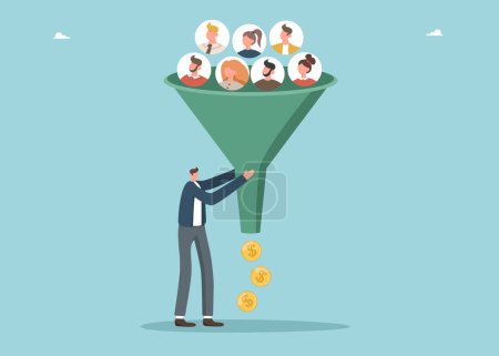Illustration for Hire new employees for greater financial opportunities, team structure changes to improve efficiency, organization restructuring to increase company income, man using funnel to make money from people. - Royalty Free Image