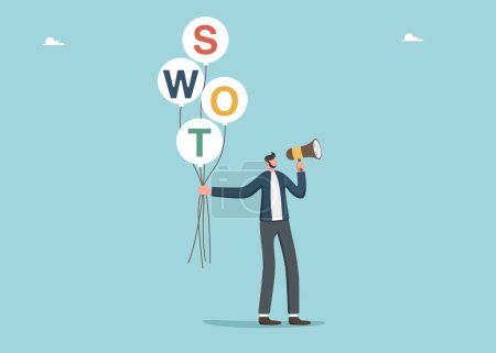 SWOT analysis, leadership for setting and achieving SMART goals, SWOT analysis to identify list of business opportunities, business analysis tools, man with SWOT balls speaks into a loudspeaker.