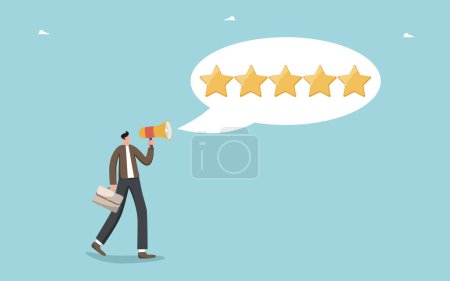 Customer feedback about product or service quality, positive service feedback, experience, evaluation rank, user satisfaction, speech bubble with five-star rating comes out of loudspeaker.