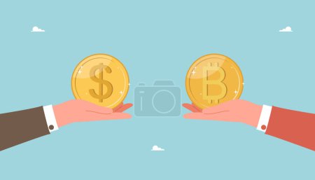 Illustration for Cryptocurrency exchange, investing cash in digital currency, growth and popularity of cryptocurrencies in market, replenishment of a virtual wallet, hands holding dollar coin and bitcoin to exchange. - Royalty Free Image