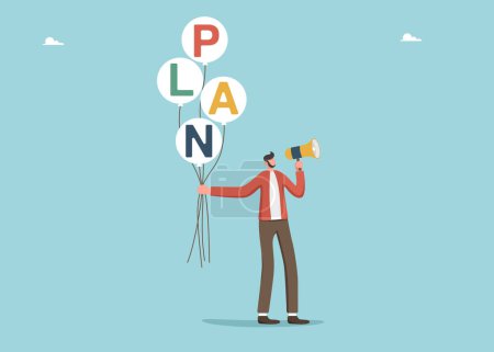 Illustration for Leadership in setting plan or course for business development, motivation in achieving business goals, determination for great success and heights in work, leader holds balloons with plan. - Royalty Free Image