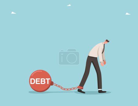 Illustration for Financial difficulties, debt or credit obligations, payment of interest payments on bank loans, investment risks, borrowing and loss money, business failure, man chained with prison shackles to debt. - Royalty Free Image