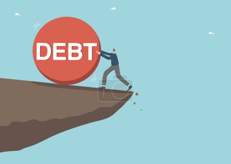 Finanzschwierigkeiten, Schulden oder Kreditverpflichtungen, Zinszahlungen für Bankkredite, Investitionsrisiken, Kreditaufnahme und -verluste, Geschäftsversagen, ein Mann stoppt einen Schuldenball an einer Klippe.