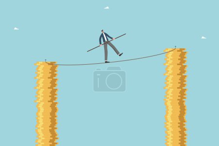 Desire to develop highly profitable business, motivation to achieve wealth, leadership to increase wages, financial growth, increasing investment portfolio, man walks tightrope between stacks of coins
