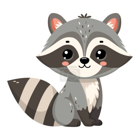 Illustration for Cute happy little funny raccoon. ute autumn forest animal isolated on white background. Flat vector illustration. Fall season stickers and clipart. - Royalty Free Image