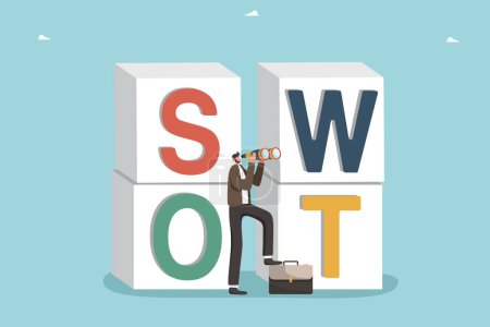 Análisis de SWOT, lluvia de ideas para establecer objetivos, equipo de análisis de SWOT que trabaja en la lista de oportunidades, planificación estratégica, implementación de herramientas de análisis de negocios, gestión de proyectos, hombre analizar la estrategia empresarial.