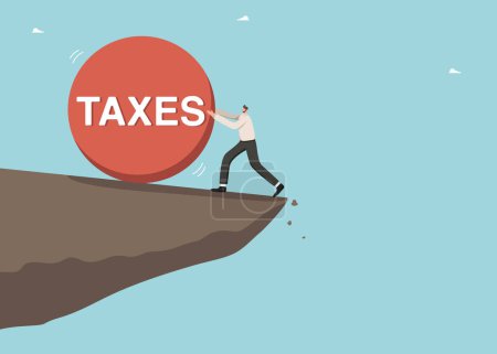 Tax obligations, pay monthly or annual payments on bank loans or mortgages, borrowing money, repaying debts, monetary obligations, deadlines for paying taxes, man on cliff holding back tax ball.