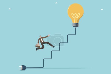 Illustration for Finding right direction to create innovation, big idea to solve business problems, new opportunities, brainstorming to achieve success in set goals, man runs along cord of light bulb in form of steps. - Royalty Free Image
