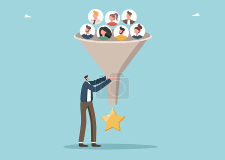 Illustration for Hire new employees for grow business and prosperity, team structure changes to achieve goals, organization restructuring, motivation and performance, man using funnel to make star from people. - Royalty Free Image