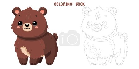 Livre à colorier de mignon petit ours drôle heureux. Coloriage de mignon animal de forêt d'automne isolé sur fond blanc. Illustration vectorielle plate.