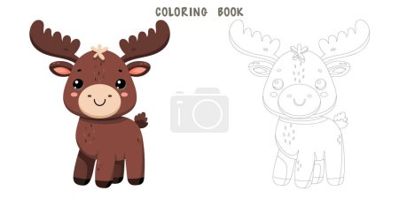 Coloring book of cute happy little funny elk. Coloring page of cute autumn forest animal isolated on white background. Flat vector illustration.