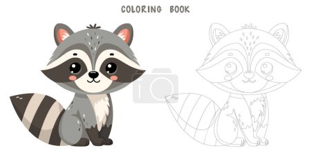 Libro para colorear de lindo mapache divertido feliz. Página para colorear de lindo animal del bosque de otoño aislado sobre fondo blanco. Ilustración vectorial plana.