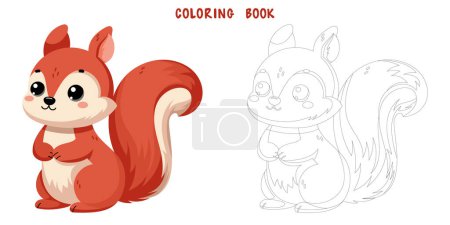 Coloring book of cute happy little funny squirrel. Coloring page of cute autumn forest animal isolated on white background. Flat vector illustration.