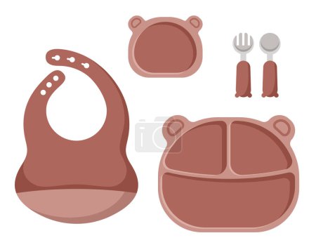 Ilustración de Ilustración vectorial del juego de vajilla para niños, plato colorido para niños con forma de cara de oso aislado sobre fondo blanco en estilo plano. - Imagen libre de derechos