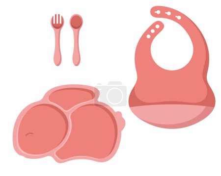 Ilustración de Ilustración vectorial del juego de vajilla para niños, plato infantil colorido en forma de conejo aislado sobre fondo blanco en estilo plano. - Imagen libre de derechos