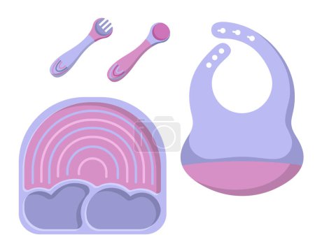 Illustration for Vector illustration of kid tableware set, colorful children dish in the shape of a rainbow isolated on white background in flat style. - Royalty Free Image