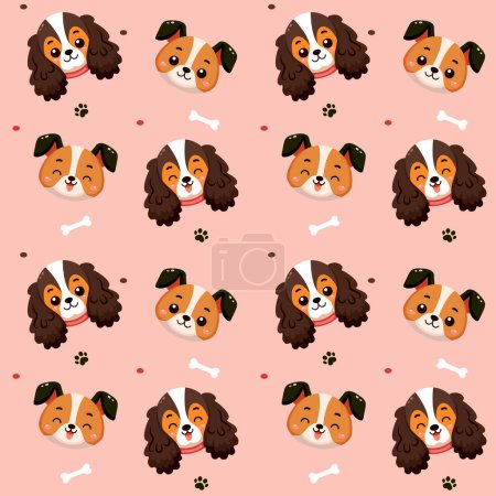 Illustration for Cute dogs pattern with different smile face dog, funny adorable dog or fluffy puppy, doodle pet friend. Vector illustration in flat style for sticker, print. - Royalty Free Image