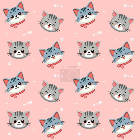 Illustration for Cute cats pattern with different smile face cat, funny adorable cat or fluffy kitten, doodle pet friend. Vector illustration in flat style for sticker, print. - Royalty Free Image
