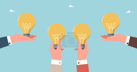 Téléchargez les illustrations : Brainstorming et créativité pour créer des idées ou des stratégies d'affaires, collaboration ou partenariat pour atteindre des objectifs communs, travail d'équipe et mentorat pour l'innovation, grandes mains tenant des ampoules électriques. - en licence libre de droit
