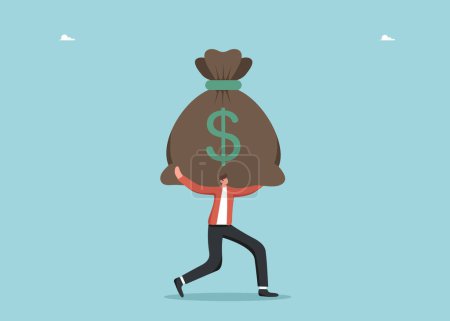 Illustration for Hard labour for increasing income and wages, motivation for financial growth, improving the economy, profitability of the investment portfolio, way to wealthy, man carries a huge bag of money. - Royalty Free Image