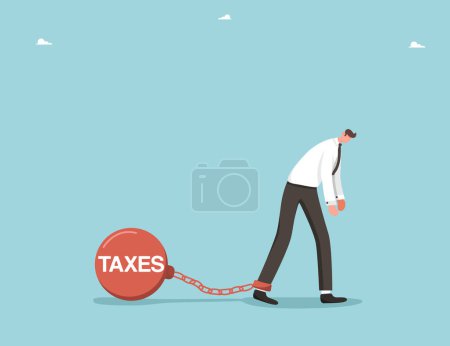 Tax obligations, pay monthly or annual payments on bank loans or mortgages, borrowing money, repaying debts, monetary obligations, deadlines for paying taxes, upset man chained to taxes.