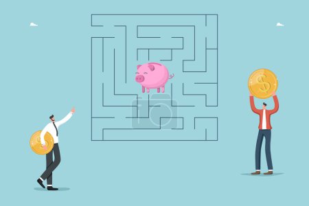 Illustration for Path to wealth, increasing savings, investing assets and money, successful money management, motivation and creativity to increase income and salary, men with coins near labyrinth with piggy bank. - Royalty Free Image