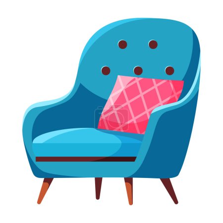 Illustration for Fashionable comfortable soft bright blue armchair with pink pillow isolated on white background. Furniture for home. Flat vector illustration. - Royalty Free Image
