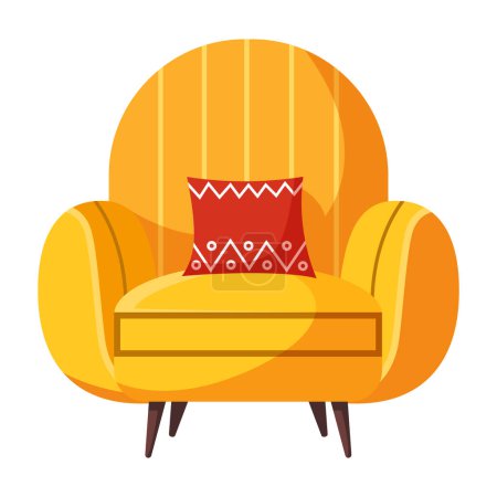 Illustration for Fashionable comfortable bright yellow armchair with a red pillow isolated on a white background. Furniture for home. Flat vector illustration. - Royalty Free Image