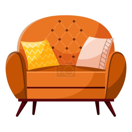 Illustration for Fashionable comfortable soft bright orange wide armchair with cushions isolated on a white background. Furniture for home. Flat vector illustration. - Royalty Free Image