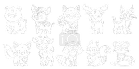 Illustration for Coloring book of collection of cute happy little funny forest animal. Coloring page of set of cute autumn animal isolated on white background. Flat vector illustration. - Royalty Free Image