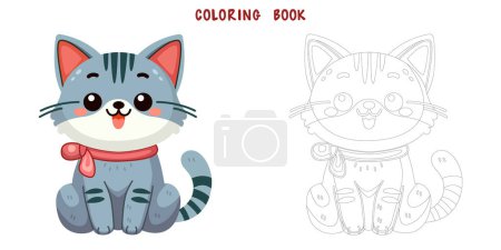 Illustration for Coloring book of cute and smile cat, doodle pet friend. Coloring page of funny adorable cat or fluffy kitten cartoon character design. Pet companion friendship. Flat vector illustration. - Royalty Free Image