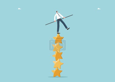 Illustration for Leadership skills in achieving success, intelligence or motivation for success or high result, accuracy in setting goals, planning path to achieve excellence in work, man balancing on stack of stars. - Royalty Free Image