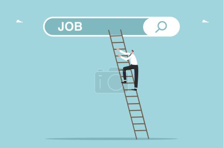 Looking for a new job or employment, career path or promotion, ladder of success, new career vacancy, looking for new opportunities and work, man climbs the ladder to the search bar with a job search.