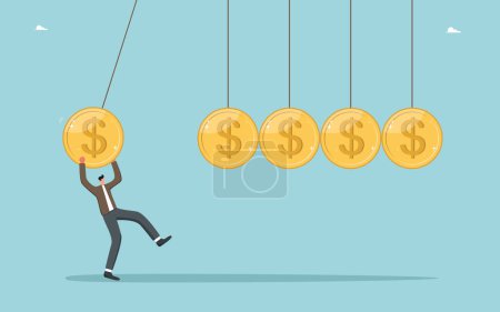 Illustration for Desire to develop highly profitable business, motivation to achieve wealth, leadership to increase wages, financial growth, increasing investment portfolio, man launches balls in form of dollar coins. - Royalty Free Image