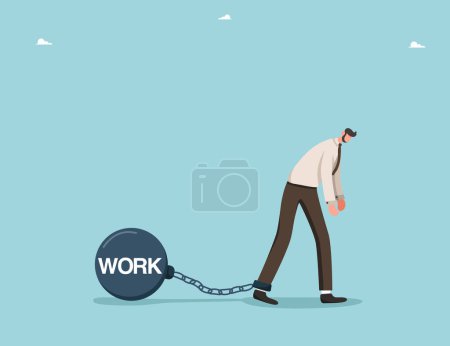 Lack of strength or energy for productive work, emotional burnout or fatigue, loss of inspiration or lack of ideas for business development, shackles with inscription work are chained to man's leg.