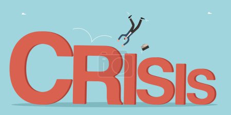 Illustration for Financial difficulties, decrease in value of business or company shares, stock market crash, economic crisis, business failure, loss of cash, lose investments, man falls from the word crisis. - Royalty Free Image