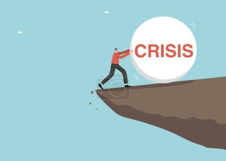 Finanzielle Schwierigkeiten, Wertverlust von Unternehmens- oder Unternehmensaktien, Börsencrash, Wirtschaftskrise, Geschäftszusammenbruch, Verlust von Bargeld, Verlust von Investitionen, ein Mann stoppt einen Krisenball an einer Klippe.