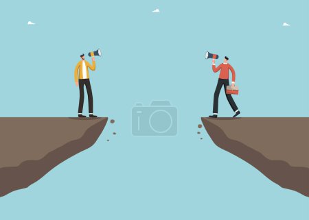 Opposite business vision, team players disagreement or team conflict, alternative choice, market competition, different business development strategies, men argue on opposite sides of a cliff.