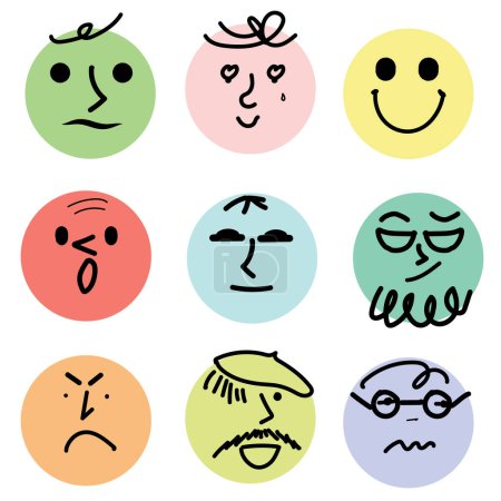 Foto de Conjunto de caras con diversas emociones, abstracto dibujado a mano, estilo plano - Imagen libre de derechos