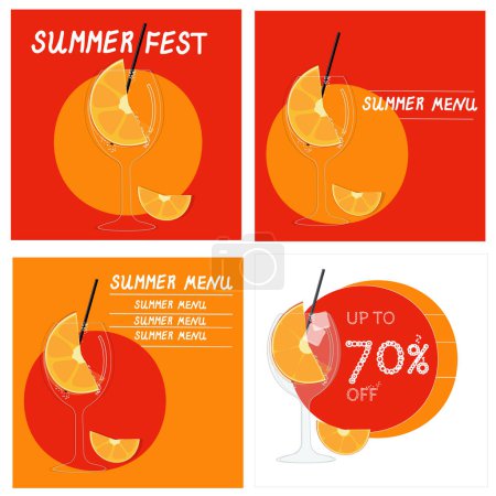 Téléchargez les illustrations : Set d'affiches d'été pour la publicité, rabais, menu, avec verre et boissons gazeuses, concept de prix d'évaporation à chaud, vecteur - en licence libre de droit