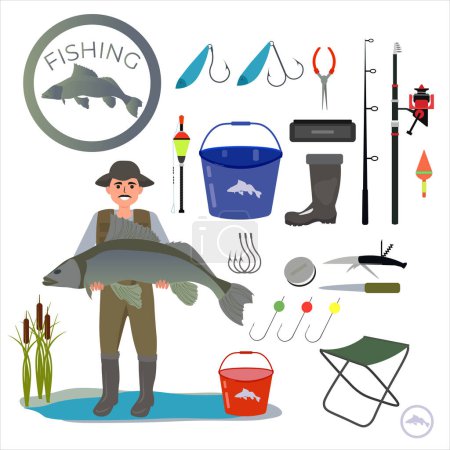 Ilustración de Elementos infográficos de pesca. Pescador en marcha con un pez. Equipo de pesca con caña de pescar, hervidor, balsa, silla plegable. - Imagen libre de derechos