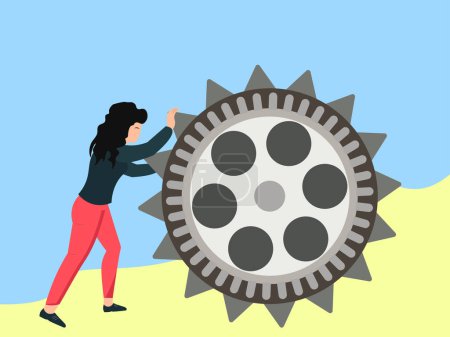 Woman rotates the mechanism of a system, concept of movement and power
