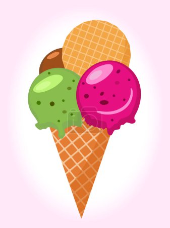Ice cream in cone with different flavors and colors, vector flat design