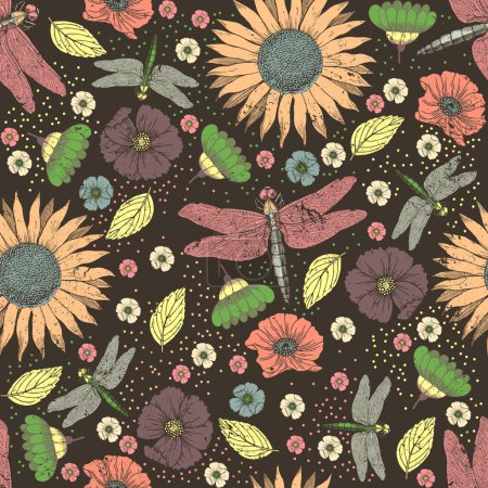Rétro années 60 70 - Boho libellules et fleurs - Distressed - Faded Seamless Bohemian Pattern