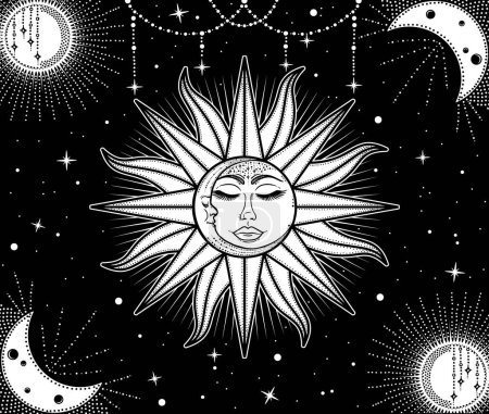 Téléchargez les photos : Nuit céleste - Soleil Lune et étoiles - Affiche graphique - en image libre de droit
