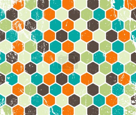 Retro Geometric Hexagons - Vintage Scratched Colorful Distressed Tile Pattern