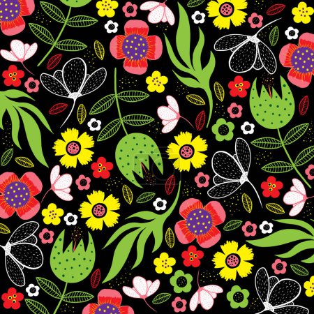 Hand Drawn Bohemian Style Hippie Flowers Spring Summer Tile Pattern