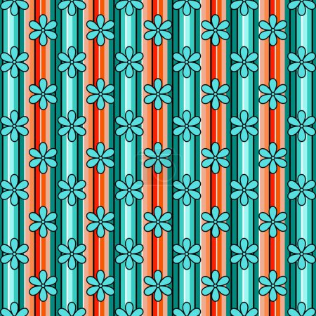 Retro Mid Century Blue And Orange Stripes And Flowers Pattern