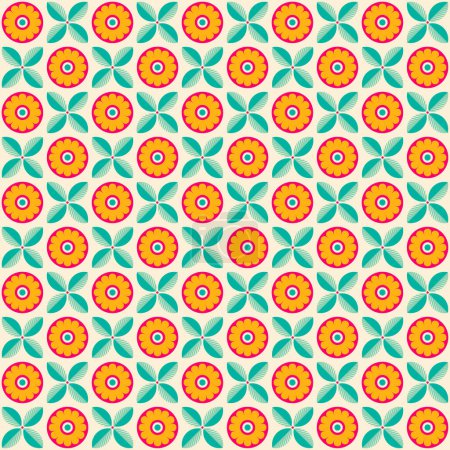 Retro Modern Orange Red And Green Seventies Style Abstract Flowers And Leaves Pattern 